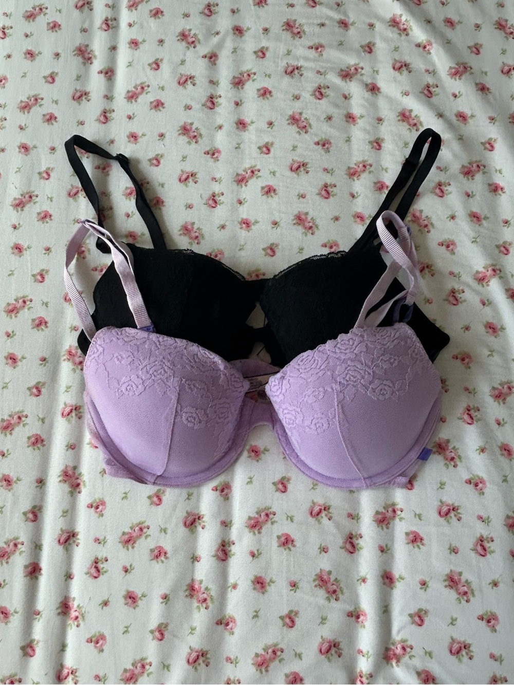 Victoria's Secret Lined Demi Lavender and Black Lace Bra Set